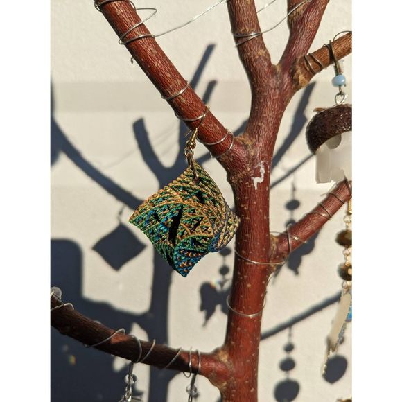 Color Changing Blue-Green-Orange 3D Printed Warped Sierpinski Octahedron Earring - Picture 2 of 8